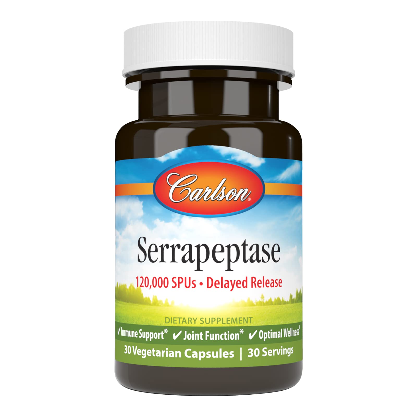 Carlson Serrapeptase 120000 SPUs delayed-release bottle with 30 vegetarian capsules