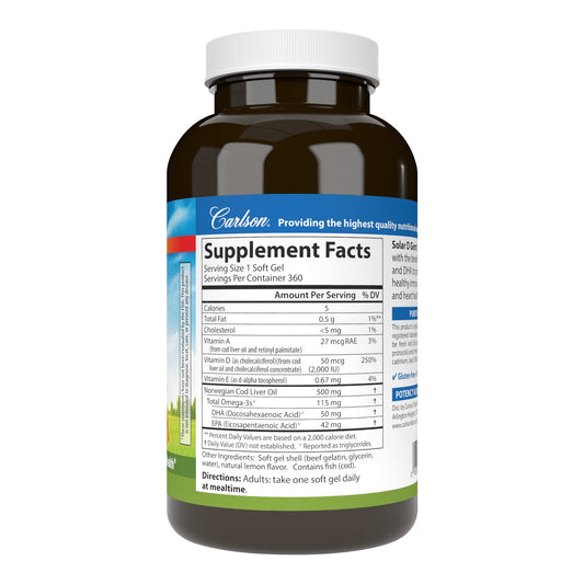 Front view of Carlson Solar D Gems Lemon D3 and Omega-3 bottle
