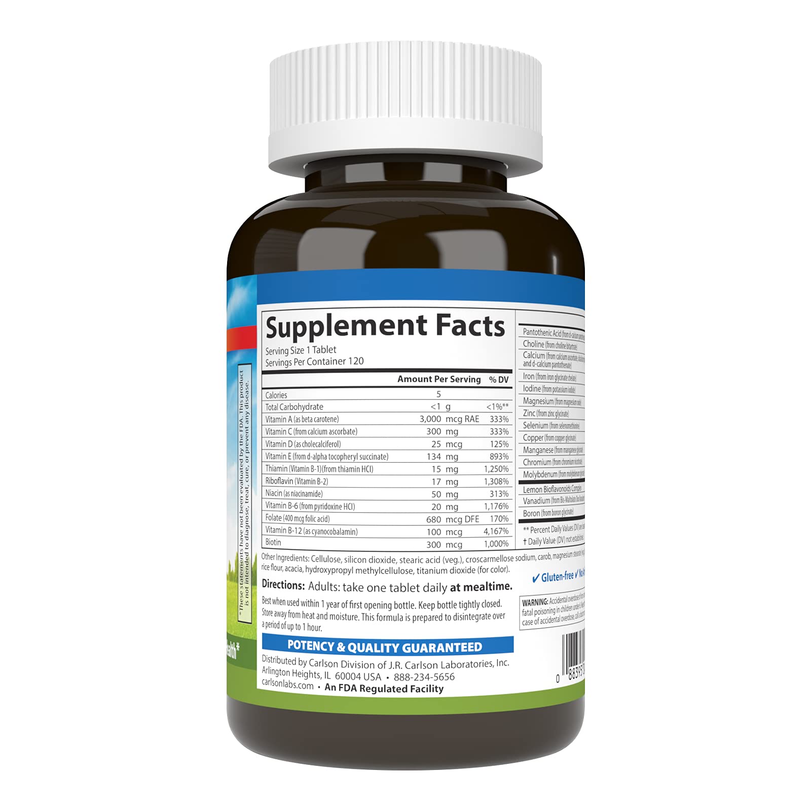 Back label with supplement facts for Carlson Multivitamin