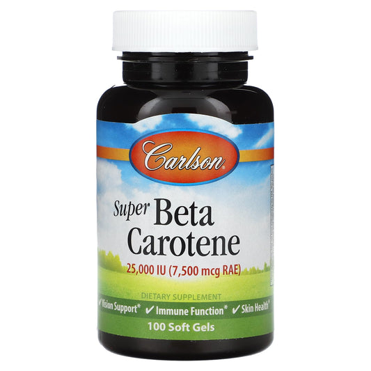 Carlson Super Beta Carotene bottle with 100 softgels, 25000 IU (15 mg) Vitamin A as Beta Carotene