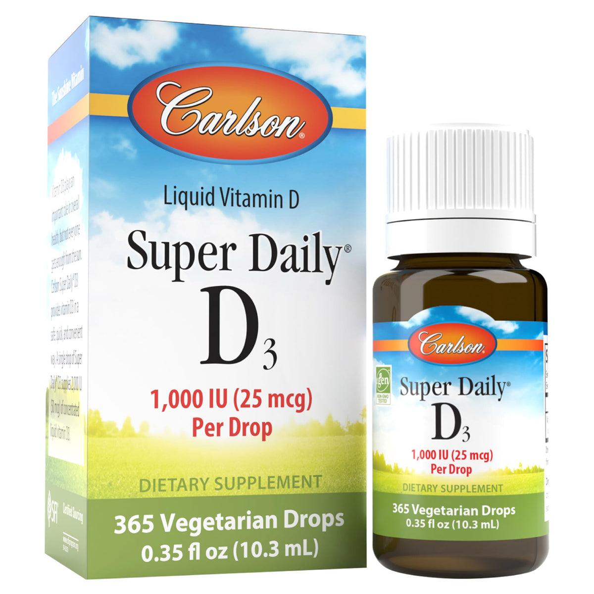 Carlson Super Daily D3 bottle label showing 1000 IU per drop and 365 drops