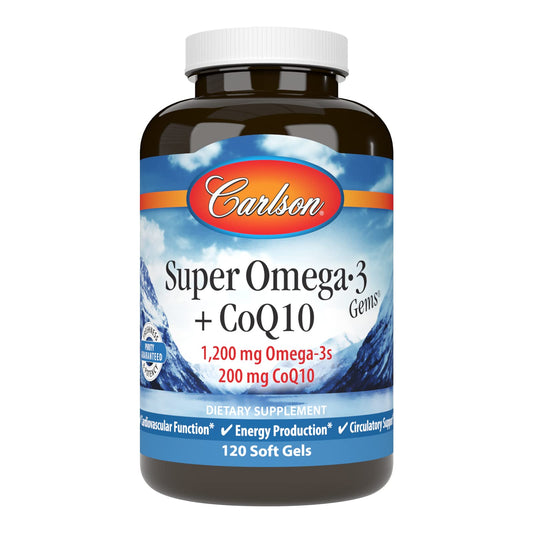 Carlson Super Omega-3 Gems + CoQ10 bottle with 120 softgels
