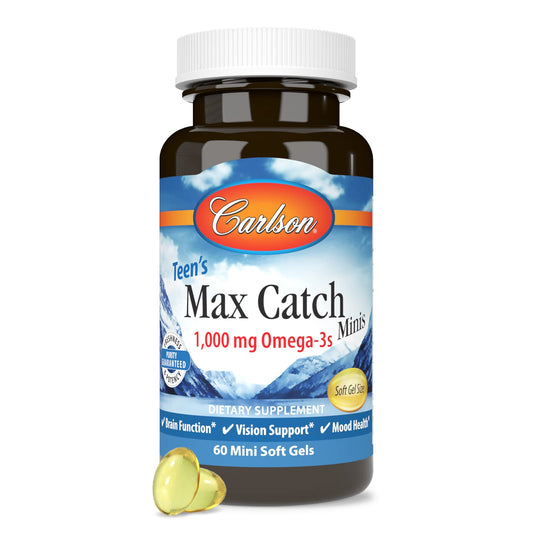 Carlson Teen's Max Catch Minis bottle label with 60 softgels