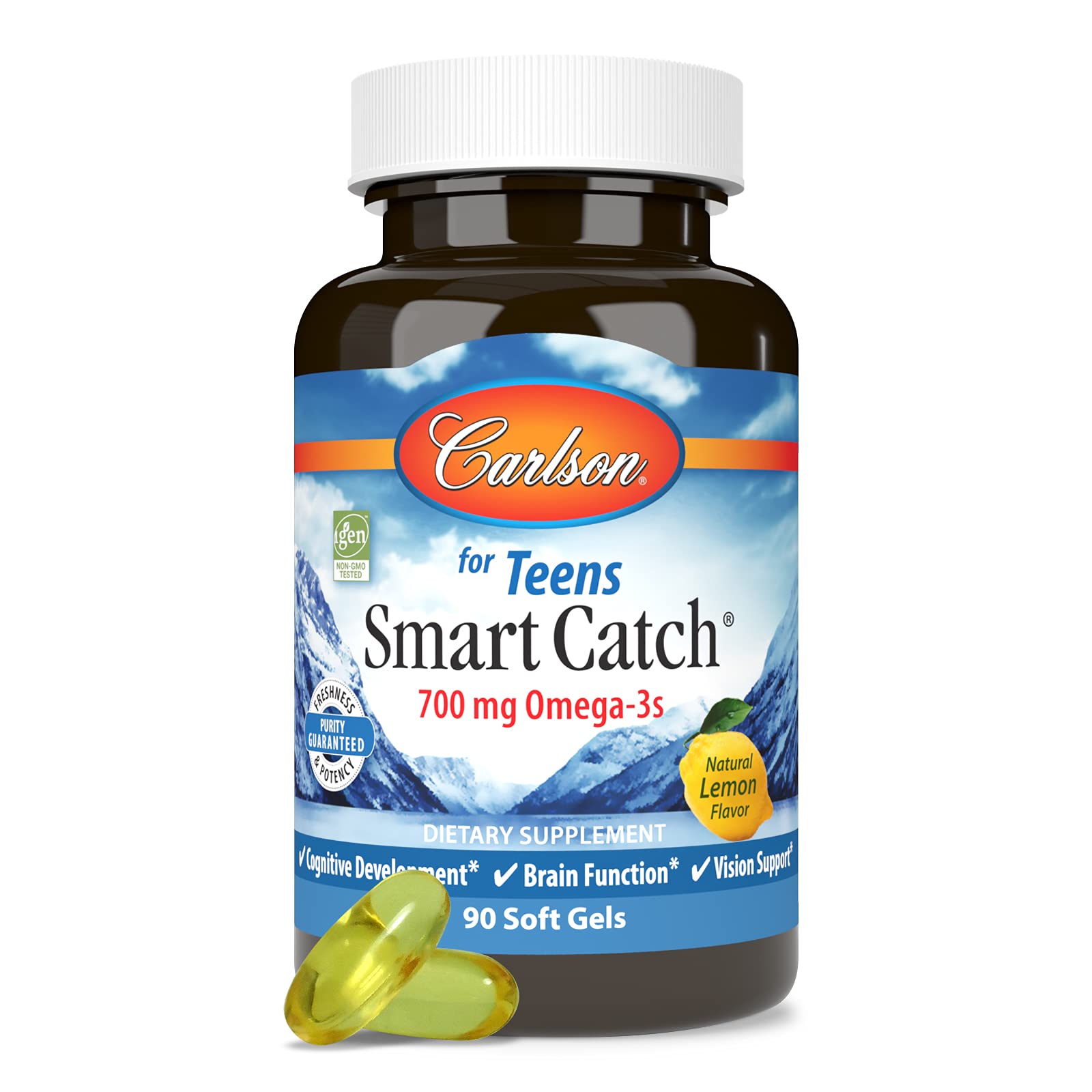 Carlson Teen's Smart Catch lemon omega-3 softgels bottle front view