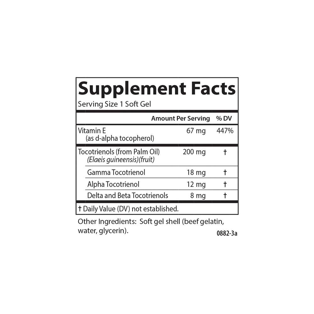 Label highlighting 40 mg tocotrienols per softgel