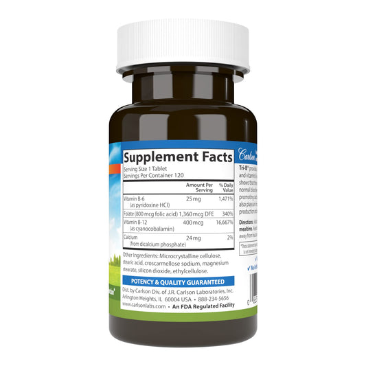 Close-up of Carlson Tri-B label highlighting B6, B12, and folic acid