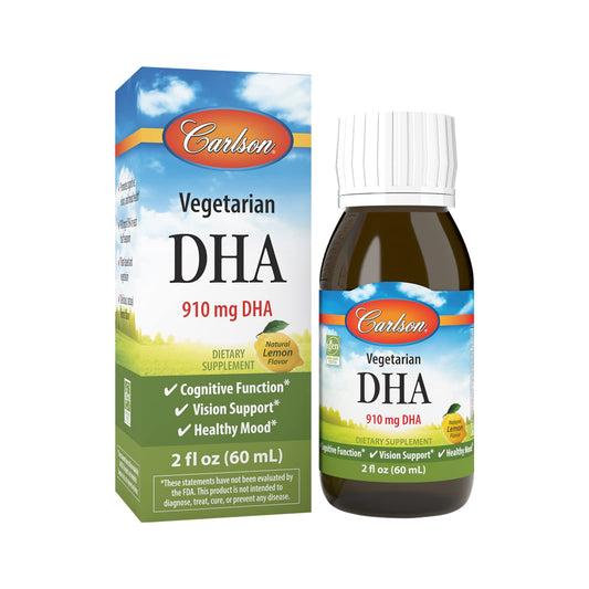 Carlson Vegetarian DHA lemon-flavored bottle 60 mL on white background