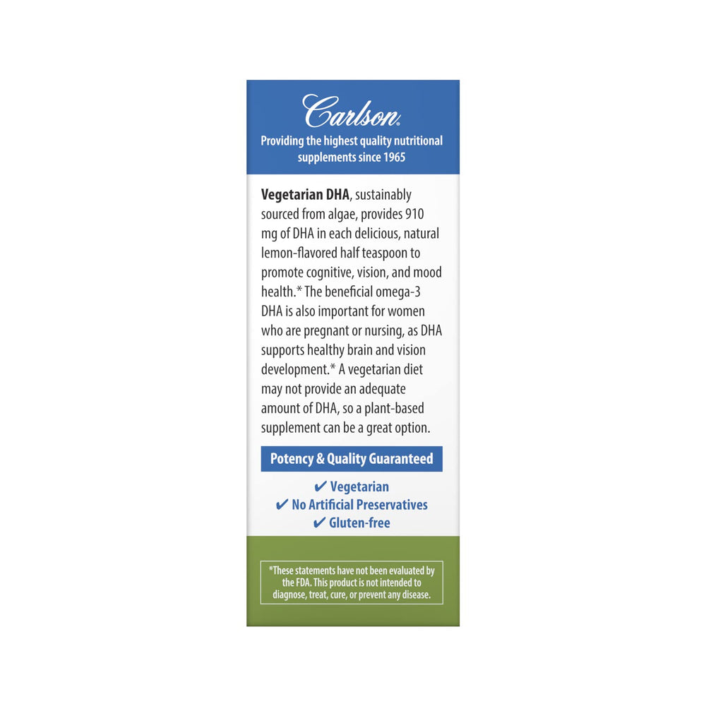 Product label highlighting 910 mg DHA and plant-based source