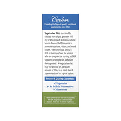 Product label highlighting 910 mg DHA and plant-based source