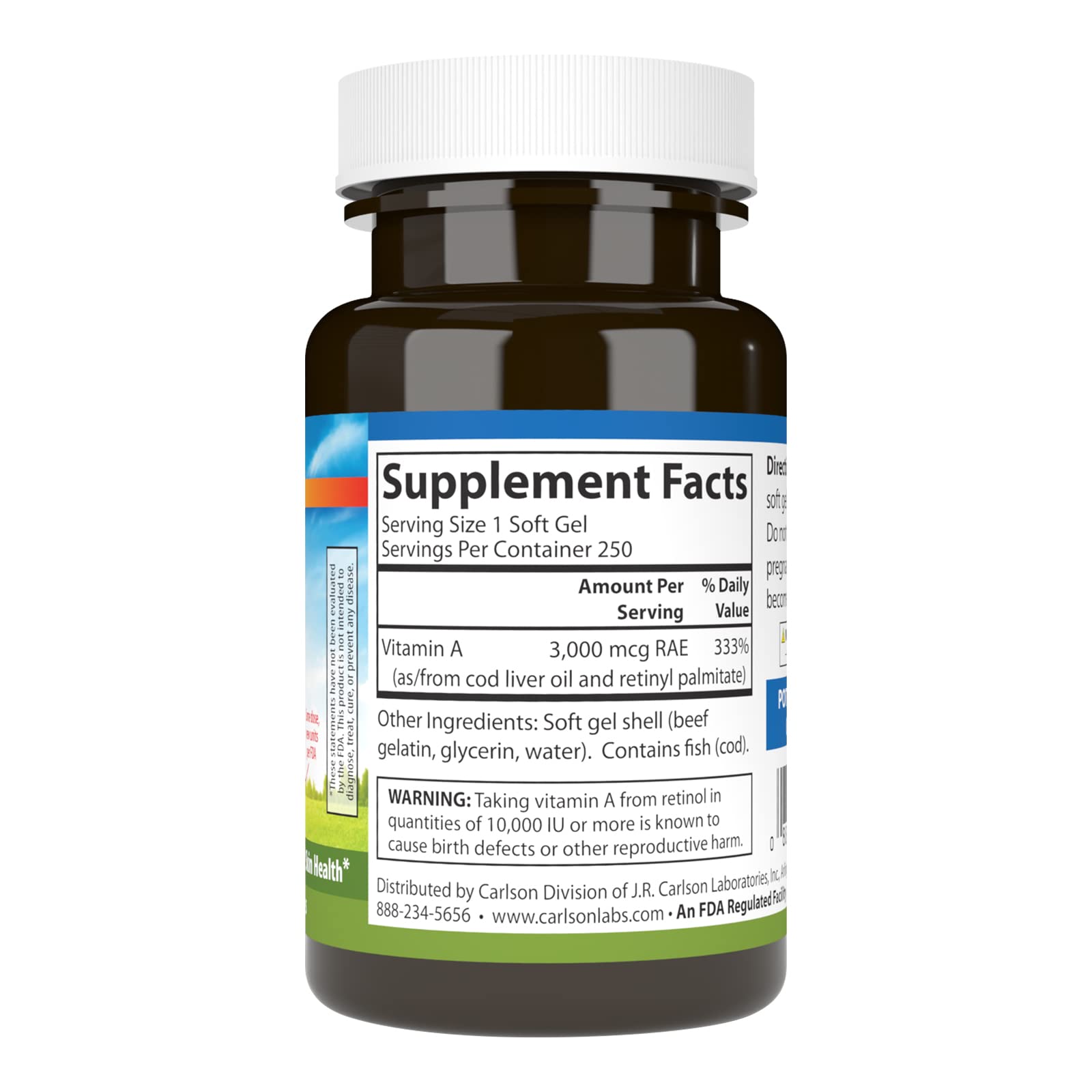 Back label with supplement facts for Carlson Vitamin A