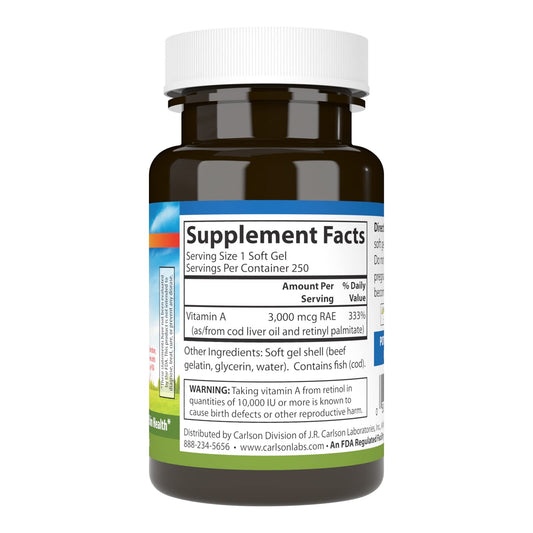 Back label with supplement facts for Carlson Vitamin A