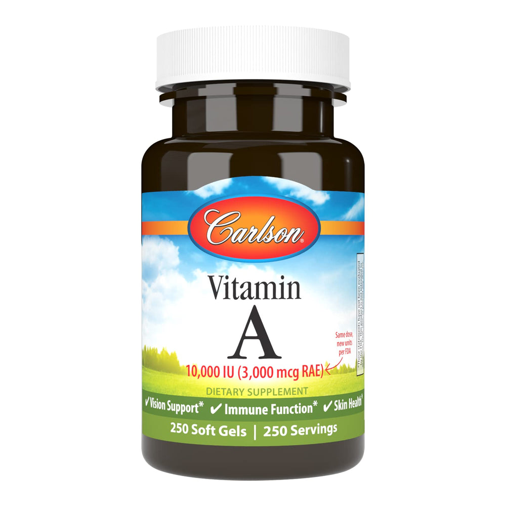 Front view of Carlson Vitamin A 10000 IU softgels bottle