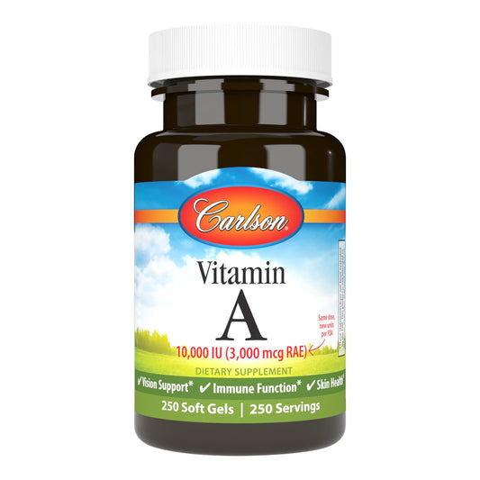 Front view of Carlson Vitamin A 10000 IU softgels bottle