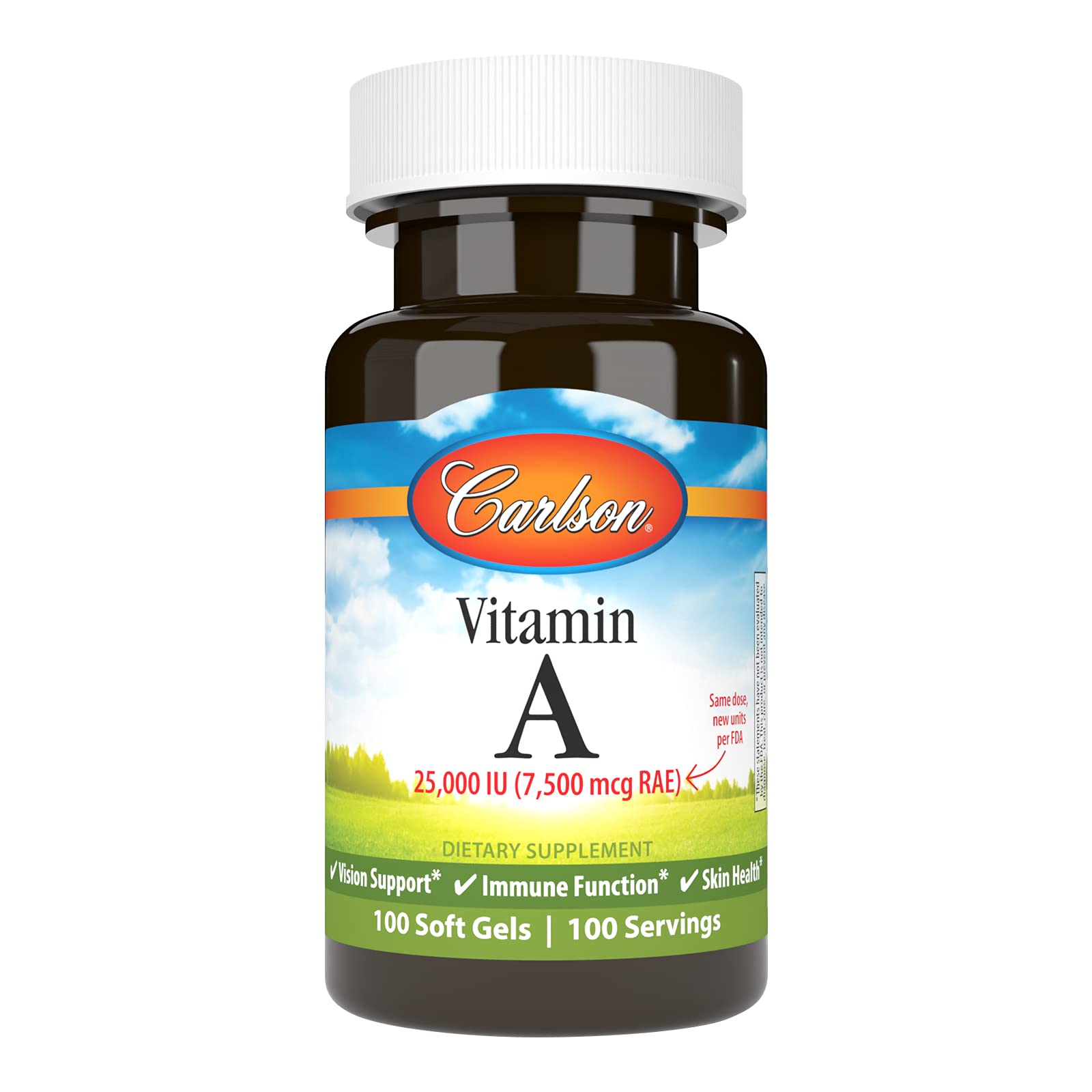 Bottle of Carlson Vitamin A 25,000 IU soft gels