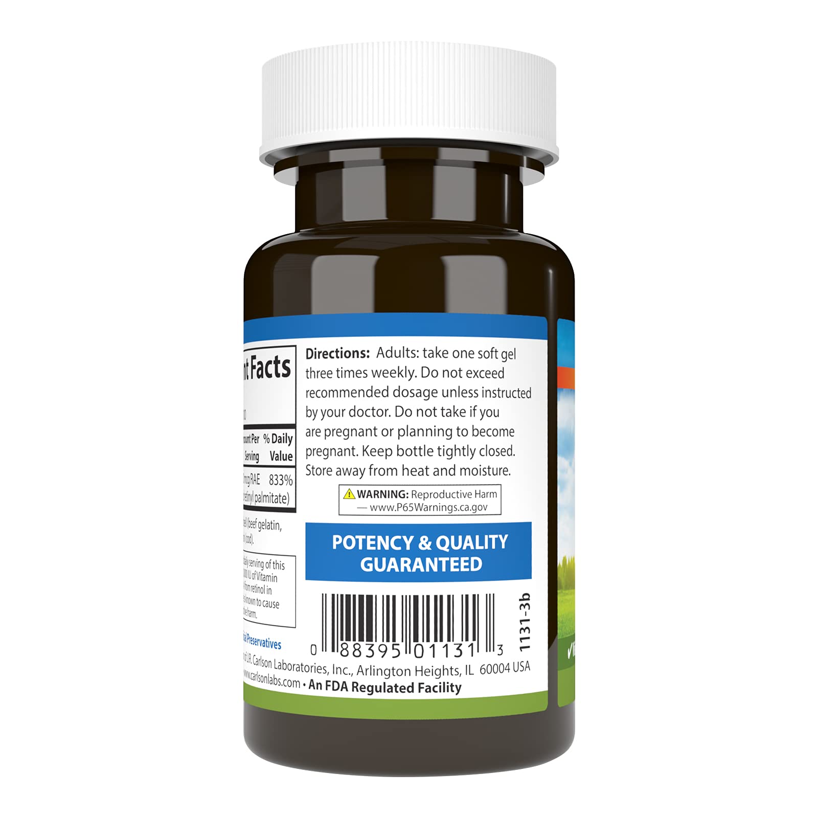 Label displaying 25,000 IU Vitamin A per soft gel
