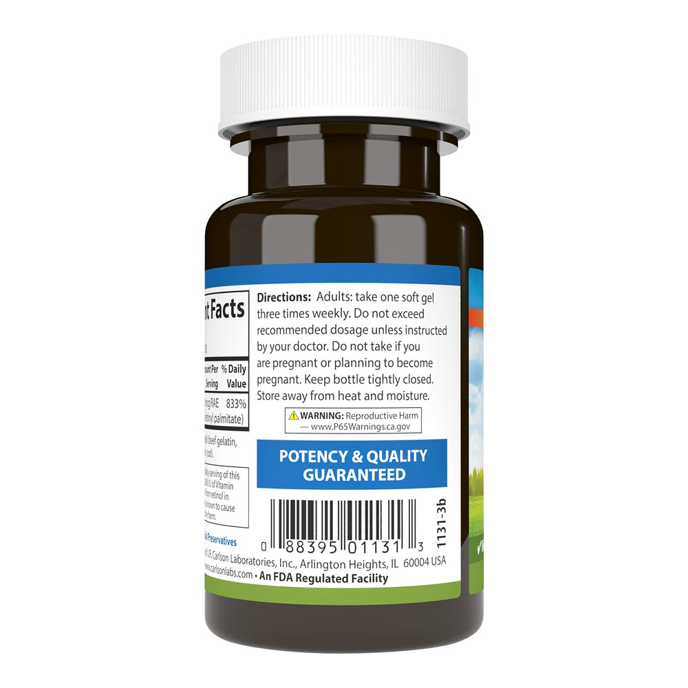 Label displaying 25,000 IU Vitamin A per soft gel