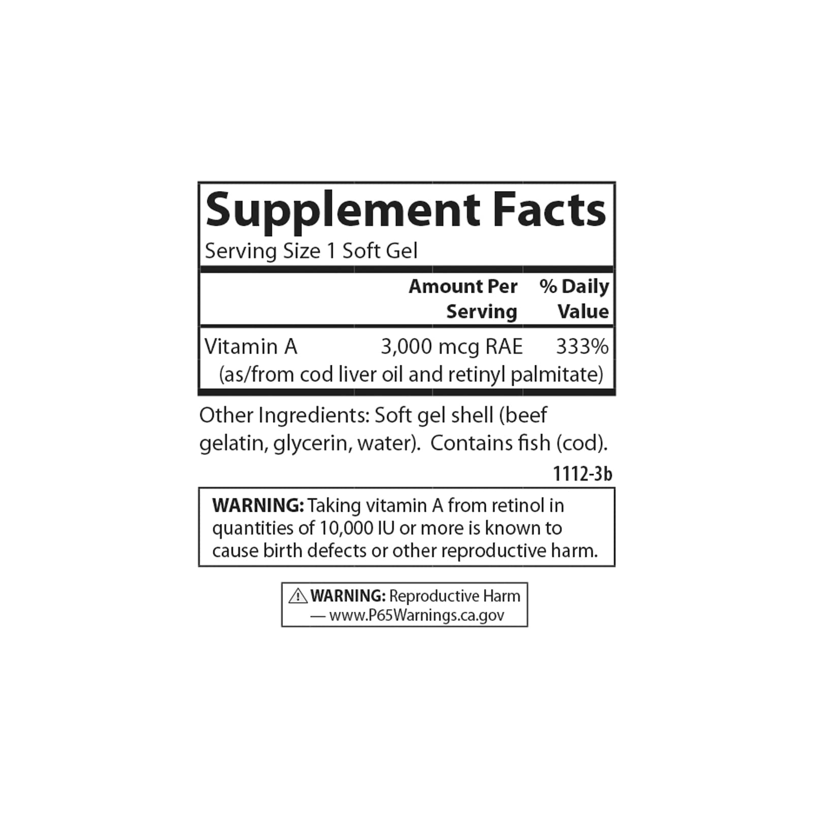 Supplement facts panel on Carlson Vitamin A packaging
