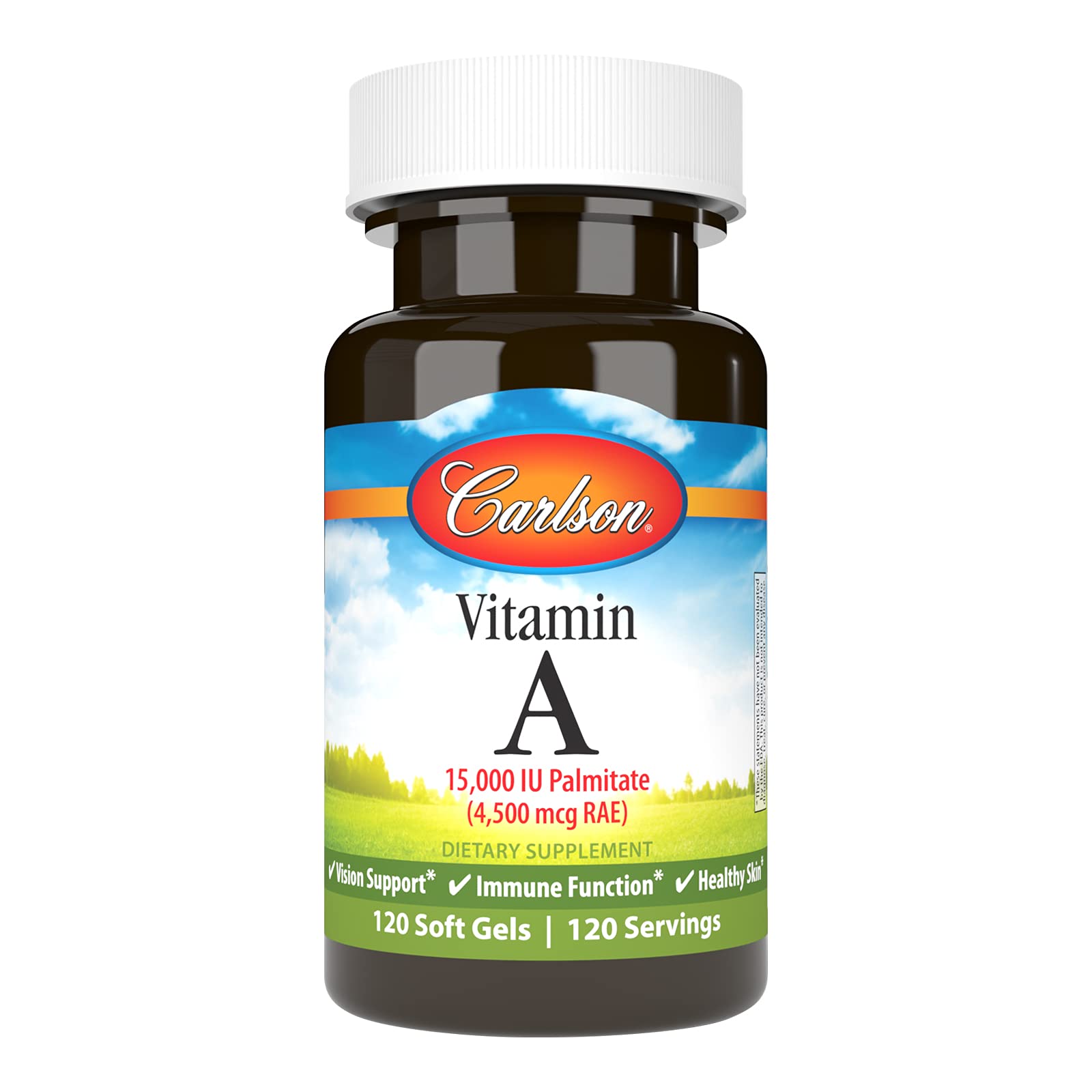 Bottle label for Carlson Vitamin A Palmitate 15000 IU