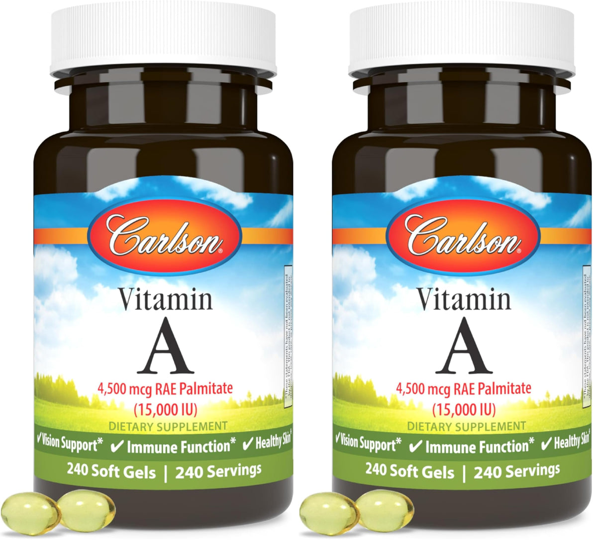 Carlson Vitamin A Palmitate softgel bottle labeled for vision health