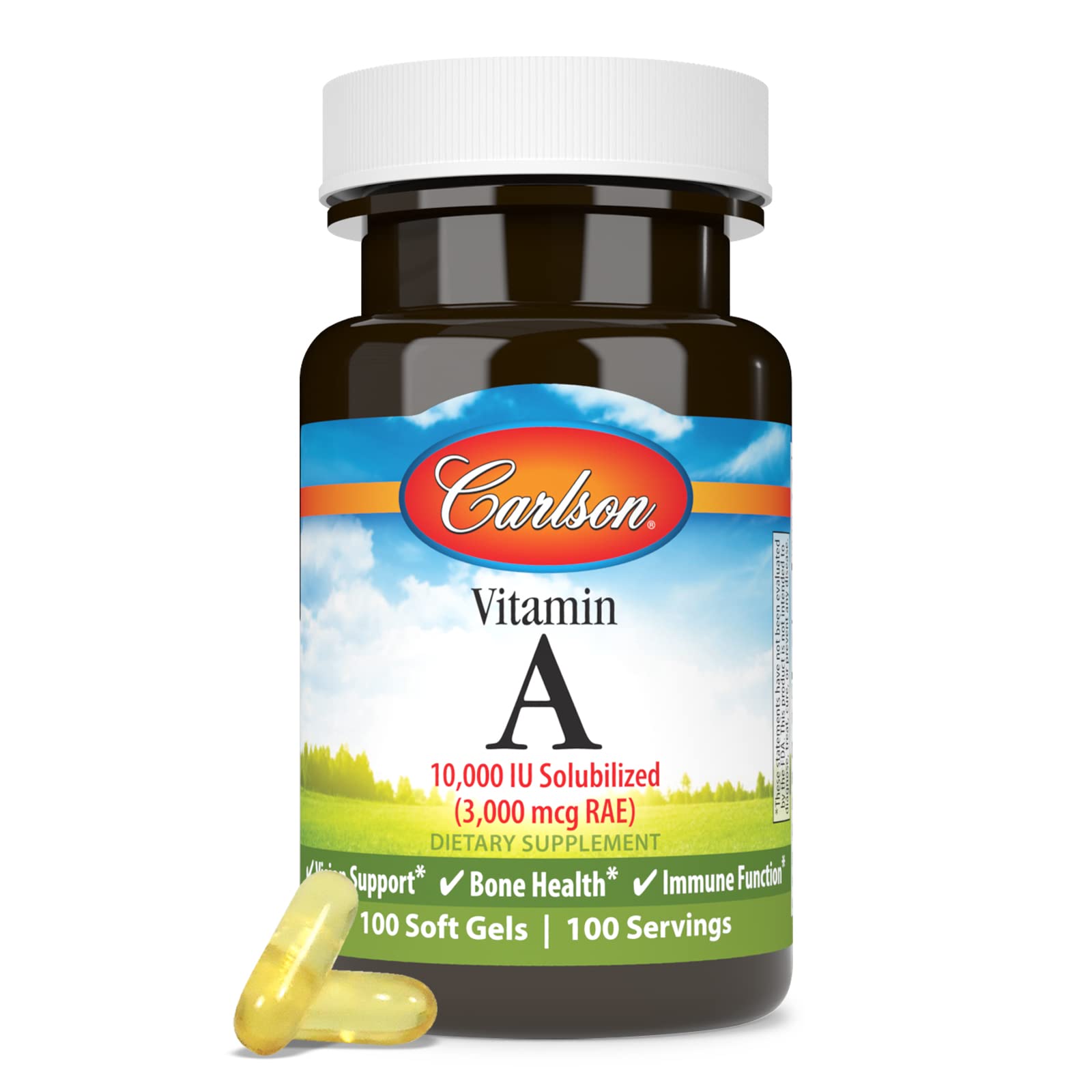 Carlson Vitamin A Solubilized softgels and bottle