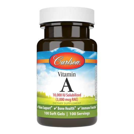 Carlson Vitamin A Solubilized softgels bottle label showing 10,000 IU per softgel