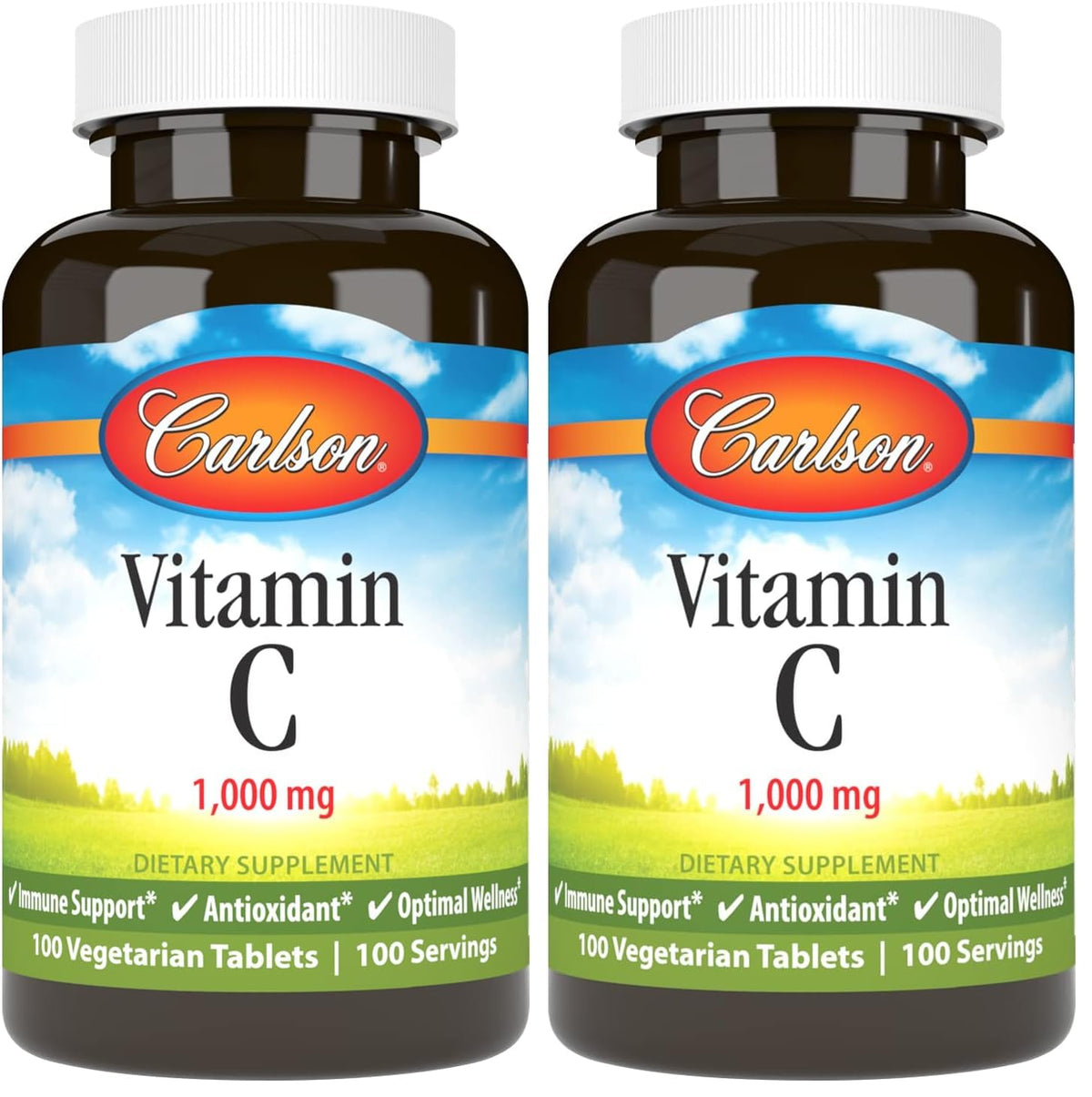 Front view of Carlson Vitamin C 1000 mg bottle, 100-count, pack of 2
