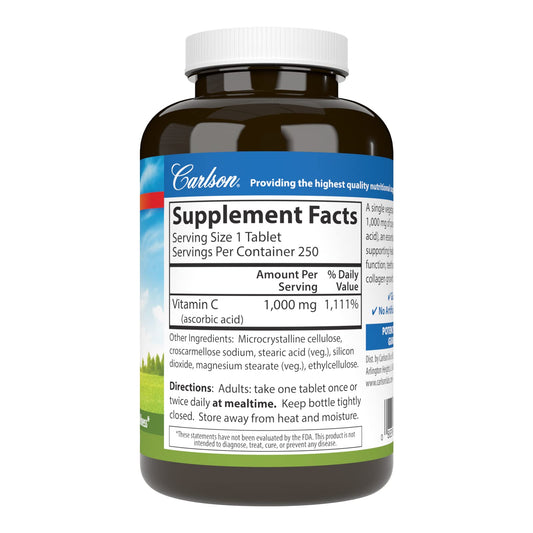 Close-up of Carlson Vitamin C 1000 mg bottle label