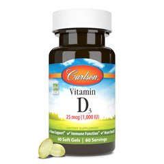 Front view of Carlson Vitamin D3 1000 IU bottle