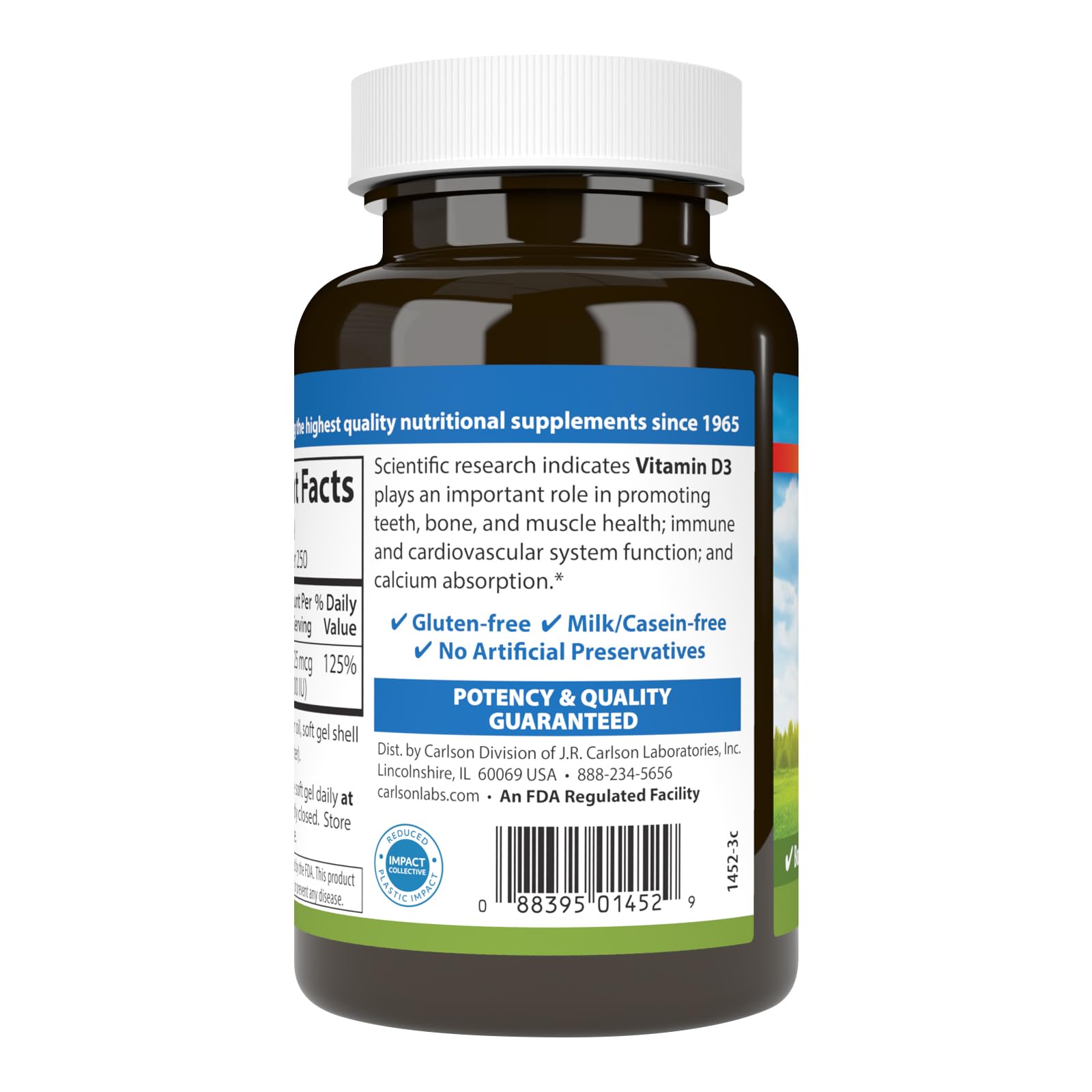 Front label of Carlson Vitamin D3 1000 IU soft gels