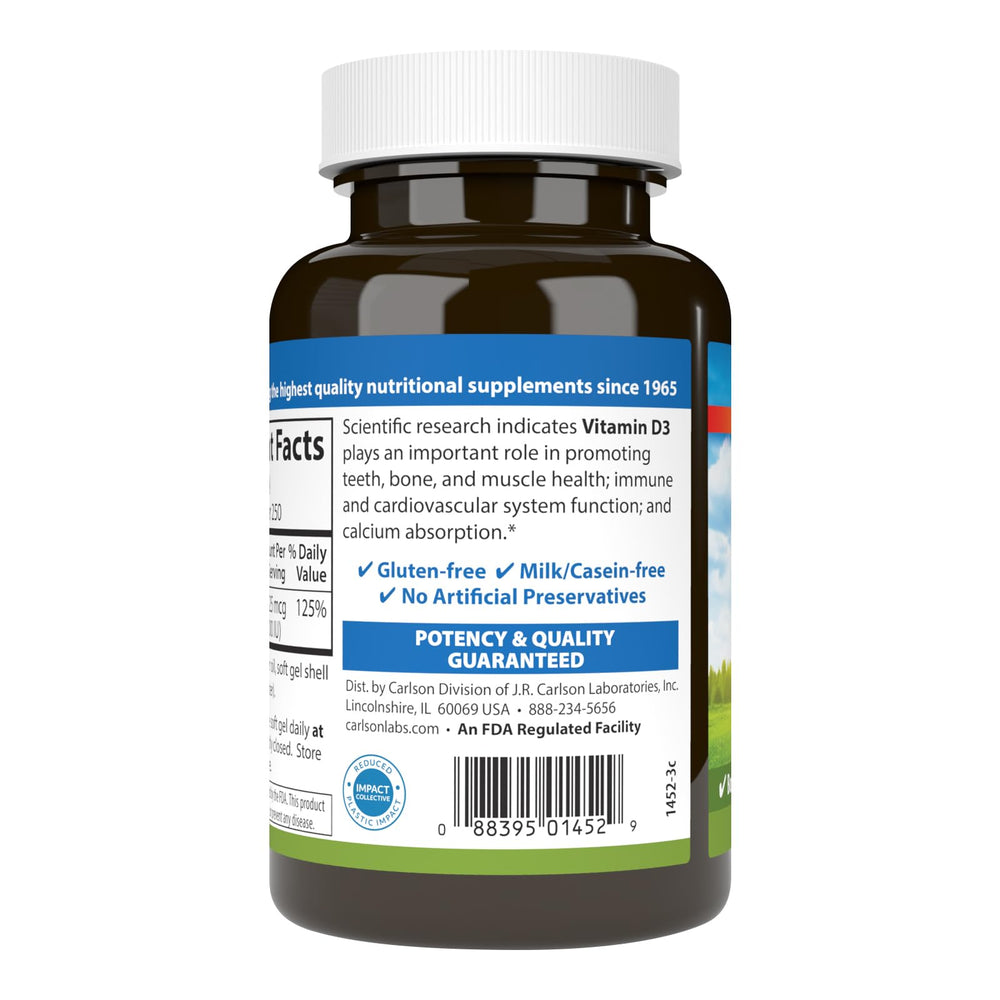 Front label of Carlson Vitamin D3 1000 IU soft gels