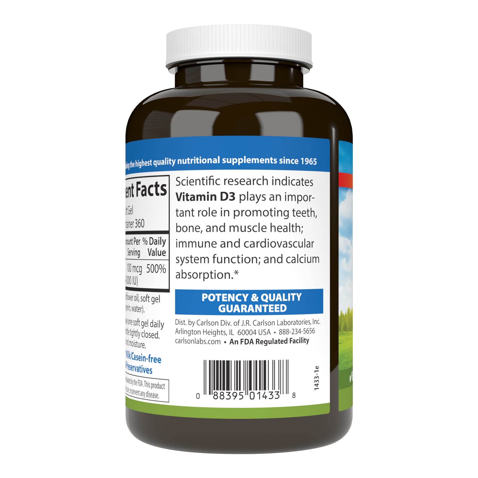 Label on Carlson Vitamin D3 4000 IU showing bone health benefits