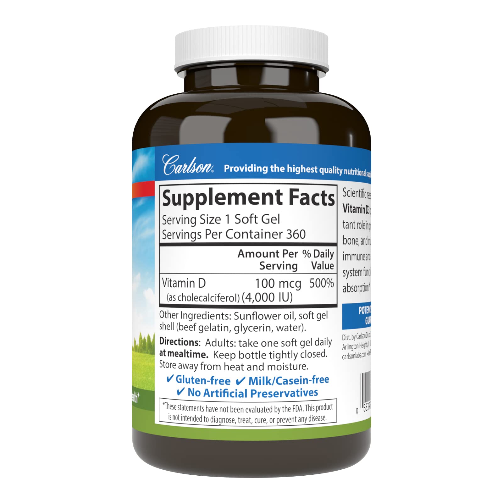 Close-up of Carlson Vitamin D3 4000 IU softgels highlighting immune support