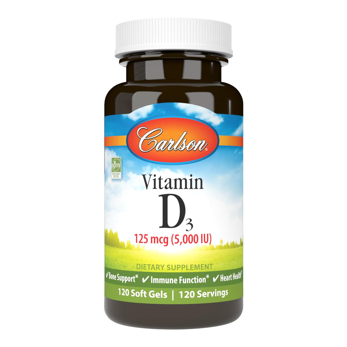 Carlson Vitamin D3 5000 IU soft gels bottle front view