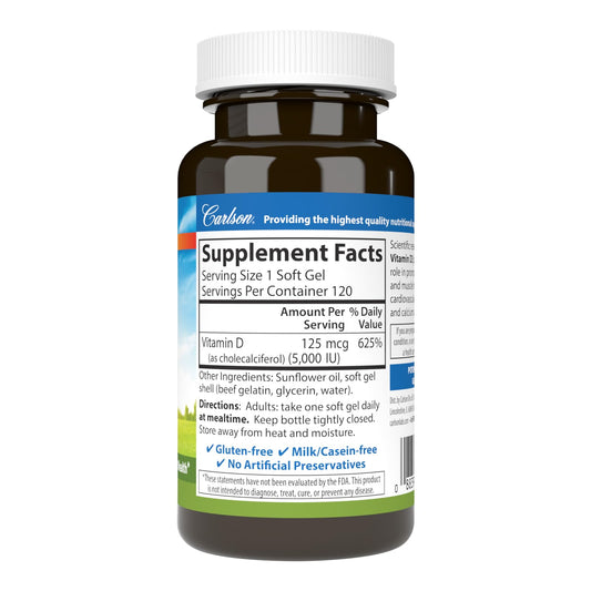 Close-up of Carlson Vitamin D3 5000 IU soft gels capsules