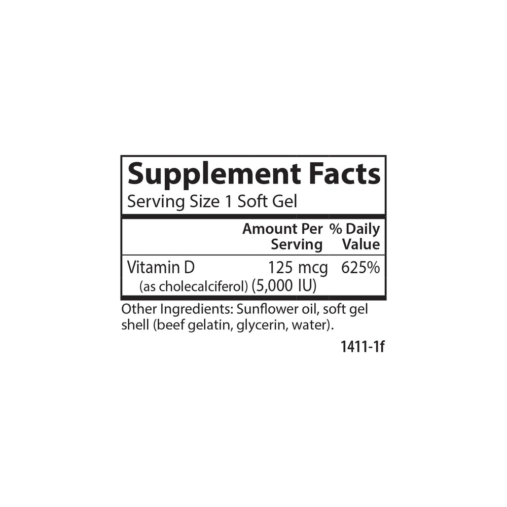 Back view of Carlson Vitamin D3 5000 IU soft gels bottle
