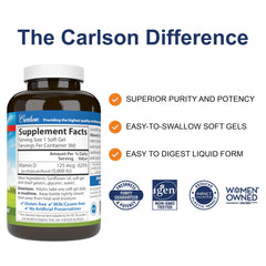 Side view of Carlson Vitamin D3 softgels bottle with label