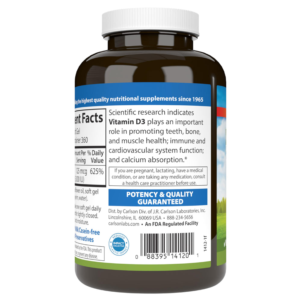 Packaging design of Carlson Vitamin D3 360-softgel bottle
