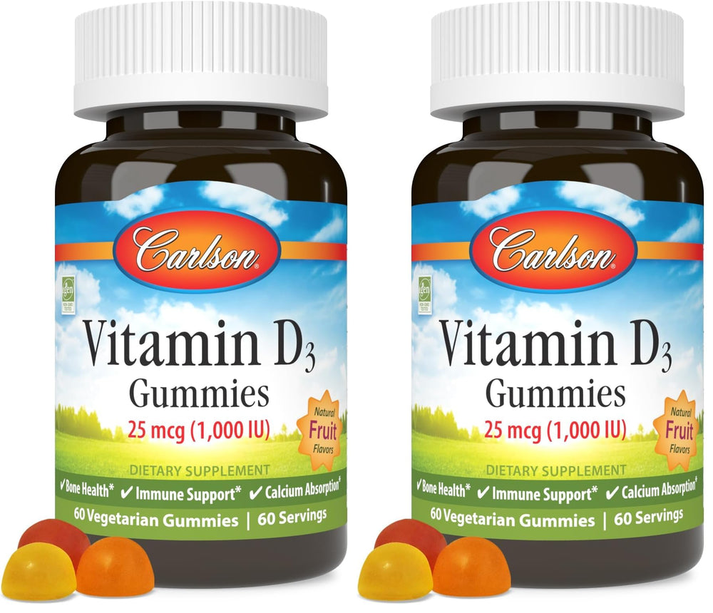 Front view of Carlson Vitamin D3 Gummies bottle showing 60 vegetarian gummies per pack (pack of 2)