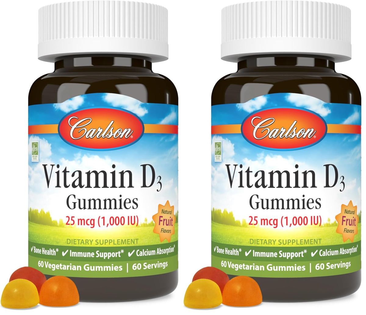 Front view of Carlson Vitamin D3 Gummies bottle showing 60 vegetarian gummies per pack (pack of 2)