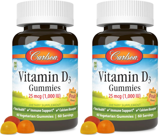 Front view of Carlson Vitamin D3 Gummies bottle showing 60 vegetarian gummies per pack (pack of 2)