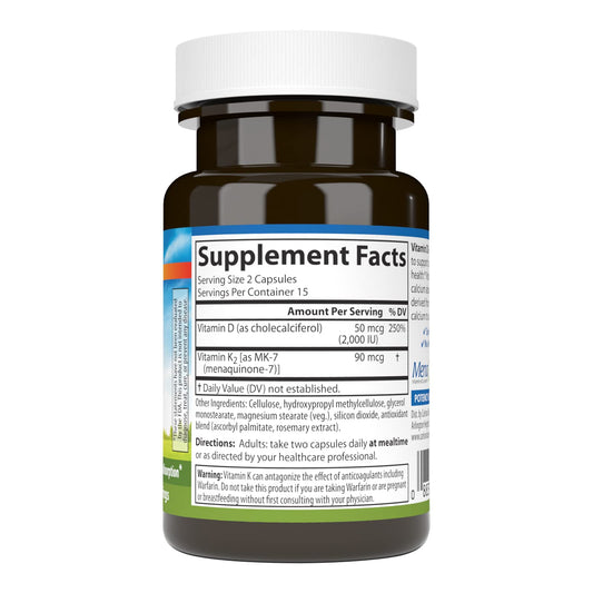 Label showing D3 and K2 amounts: 50 mcg (2000 IU) D3 and MK-7