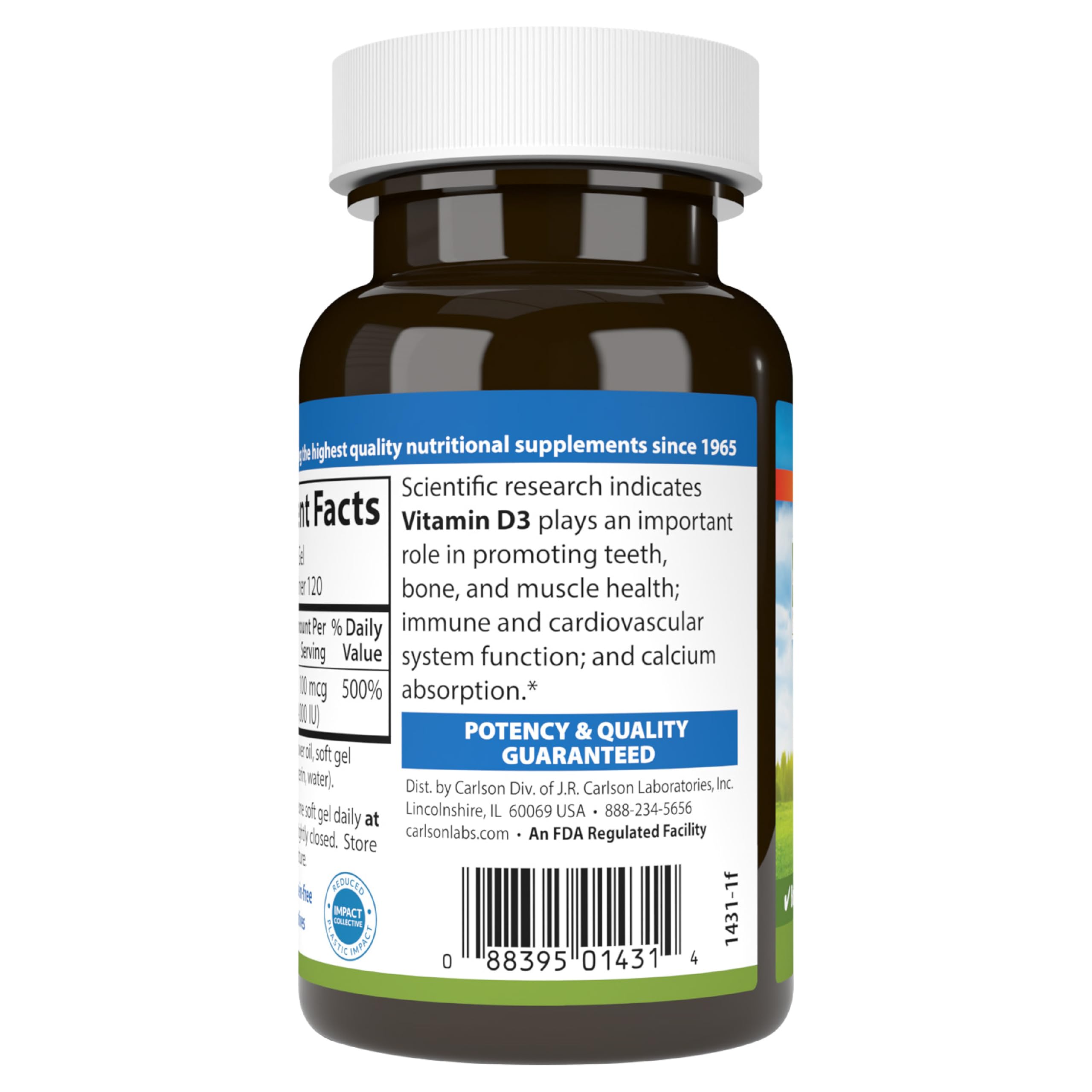 Eco-friendly packaging for Carlson Vitamin D3 bottle