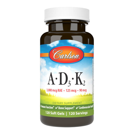 Carlson A, D3, K2 bottle label with 120 soft gels