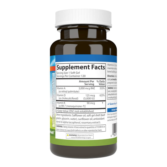 Close-up of Carlson A D3 K2 supplement bottle