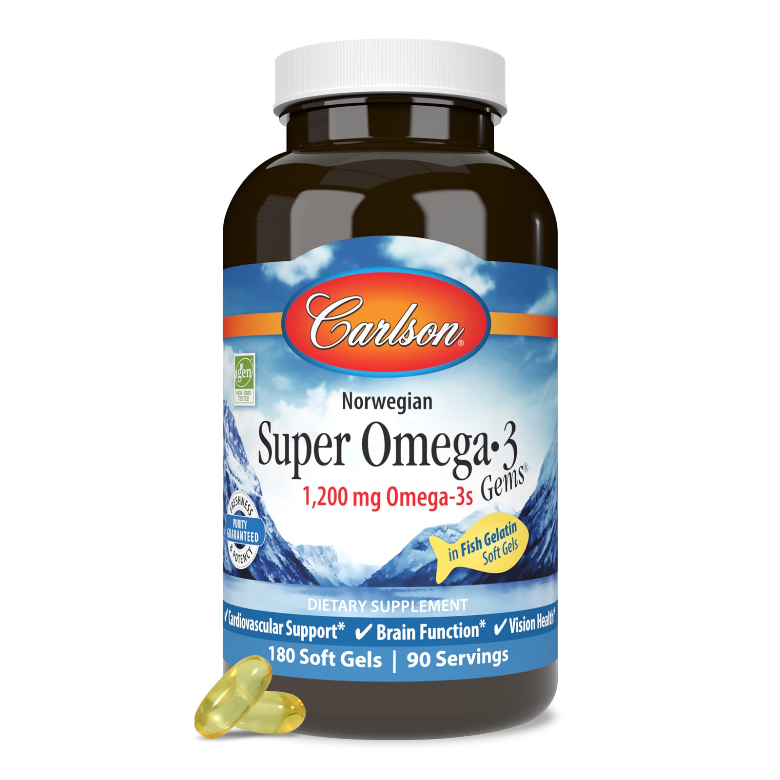 Carlson wild-caught fish oil symbol communicates sustainable sourcing.