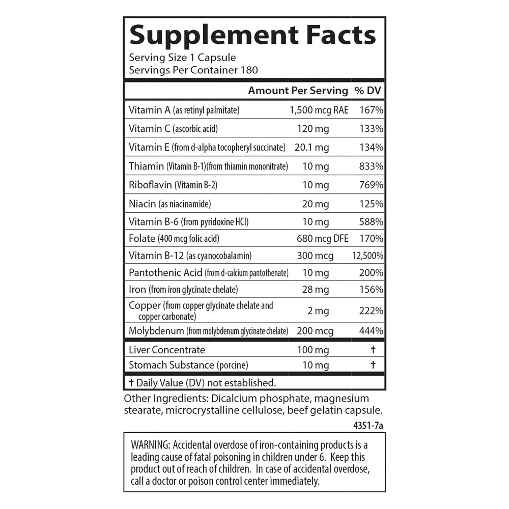 Ingredients label for Carlson Women's Iron Restore