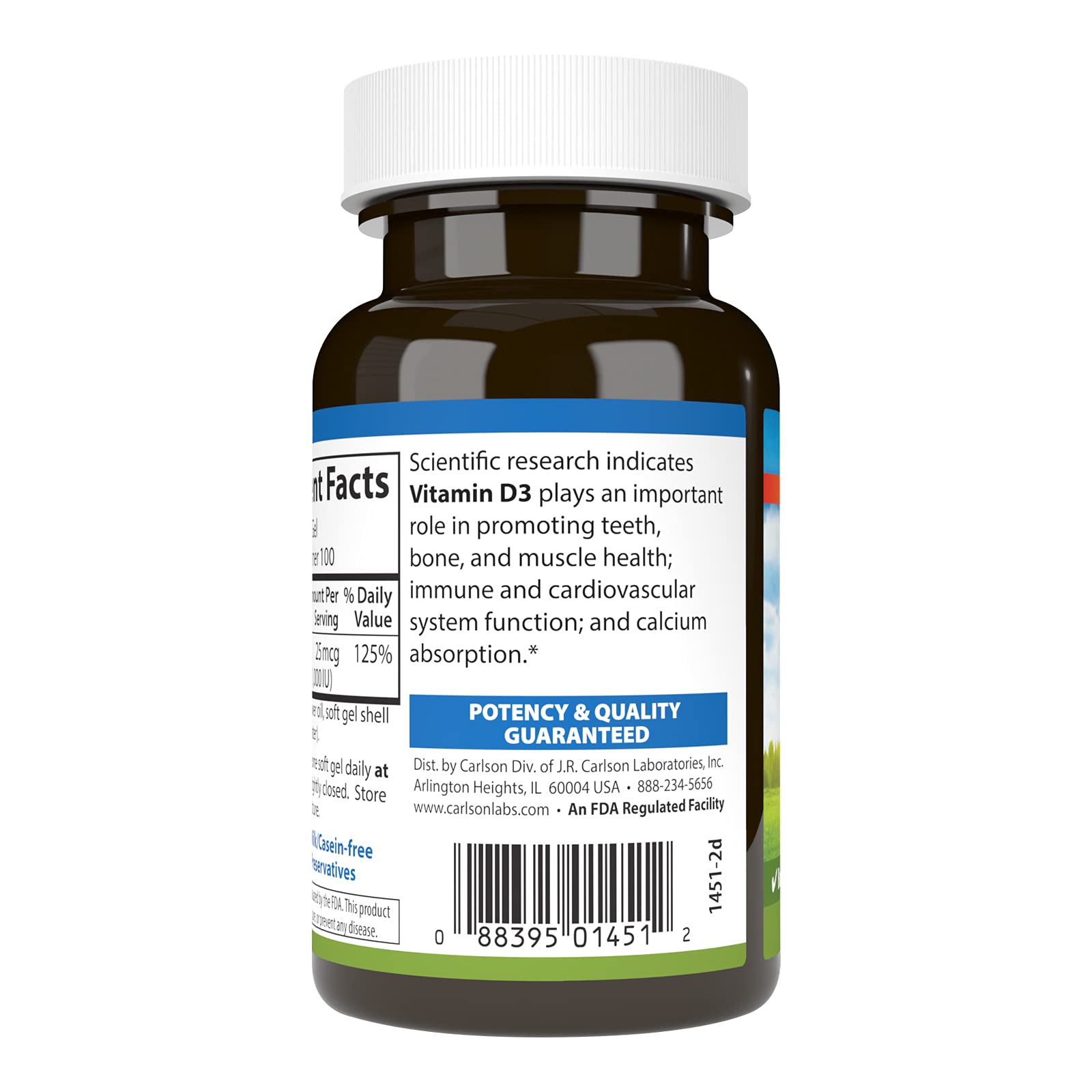 Close-up of Carlson Vitamin D3 1000 IU soft gels in bottle