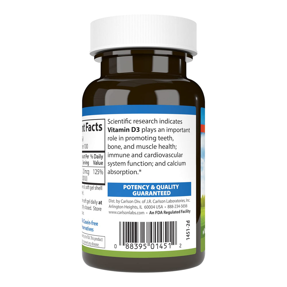 Close-up of Carlson Vitamin D3 1000 IU soft gels in bottle