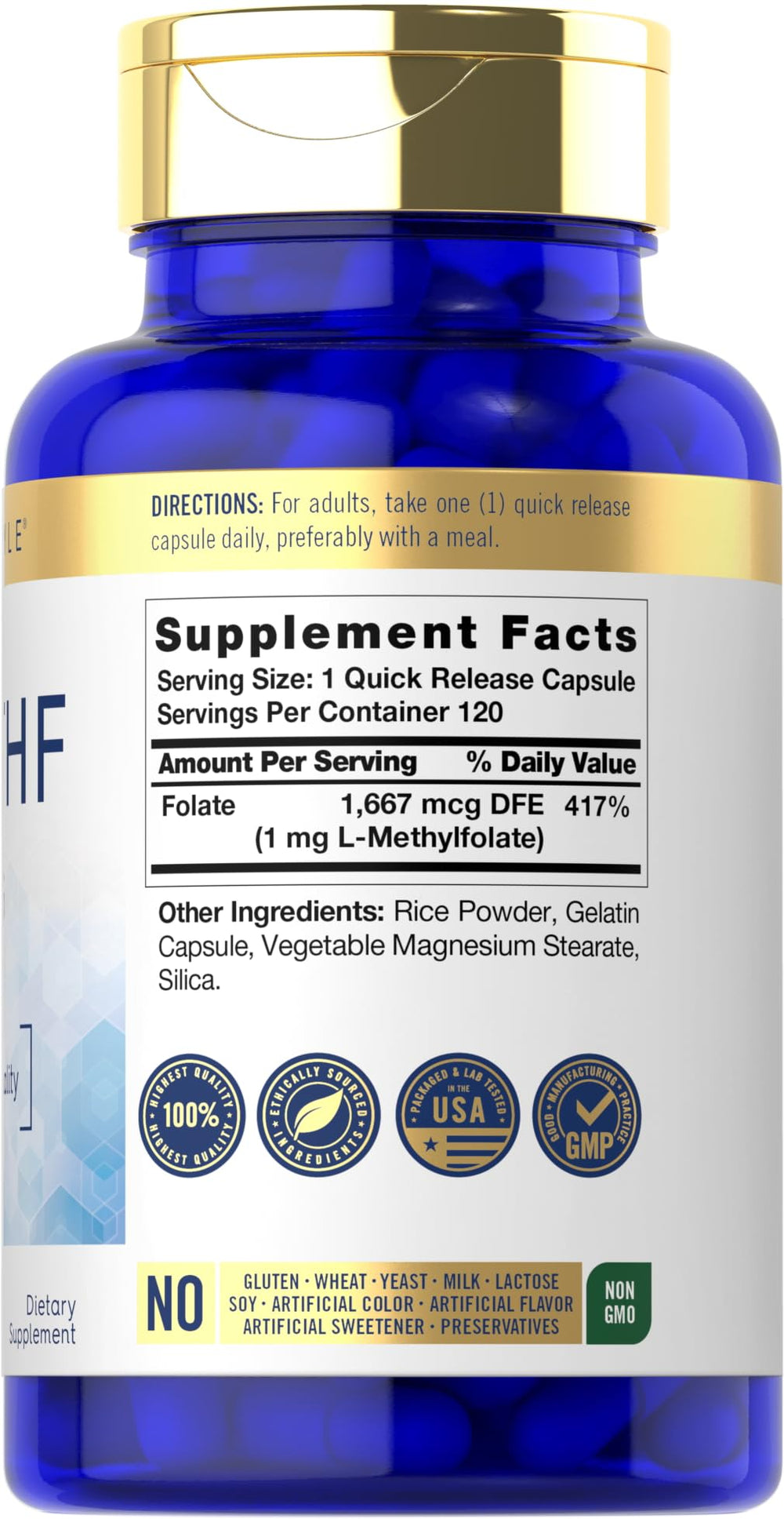 Close-up of Carlyle 5-MTHF L-Methylfolate 1mg capsules