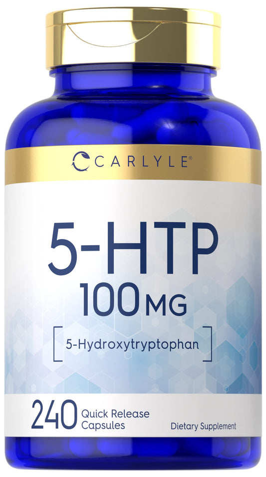 Front view of Carlyle 5-HTP 100 mg bottle with 240 capsules